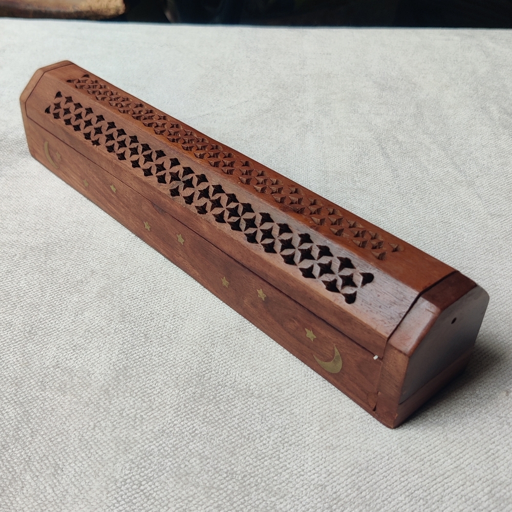 VTG Celestial Incense Burner Coffin Wood Brass Inlay India 12" Moon Stars Altar